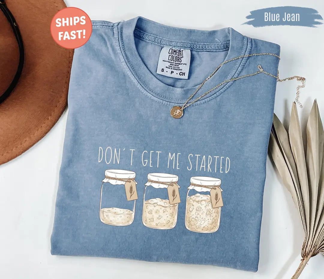 Sourdough Starter graphic Comfort Colors T-shirt in Blue Jean, additional product photograph.