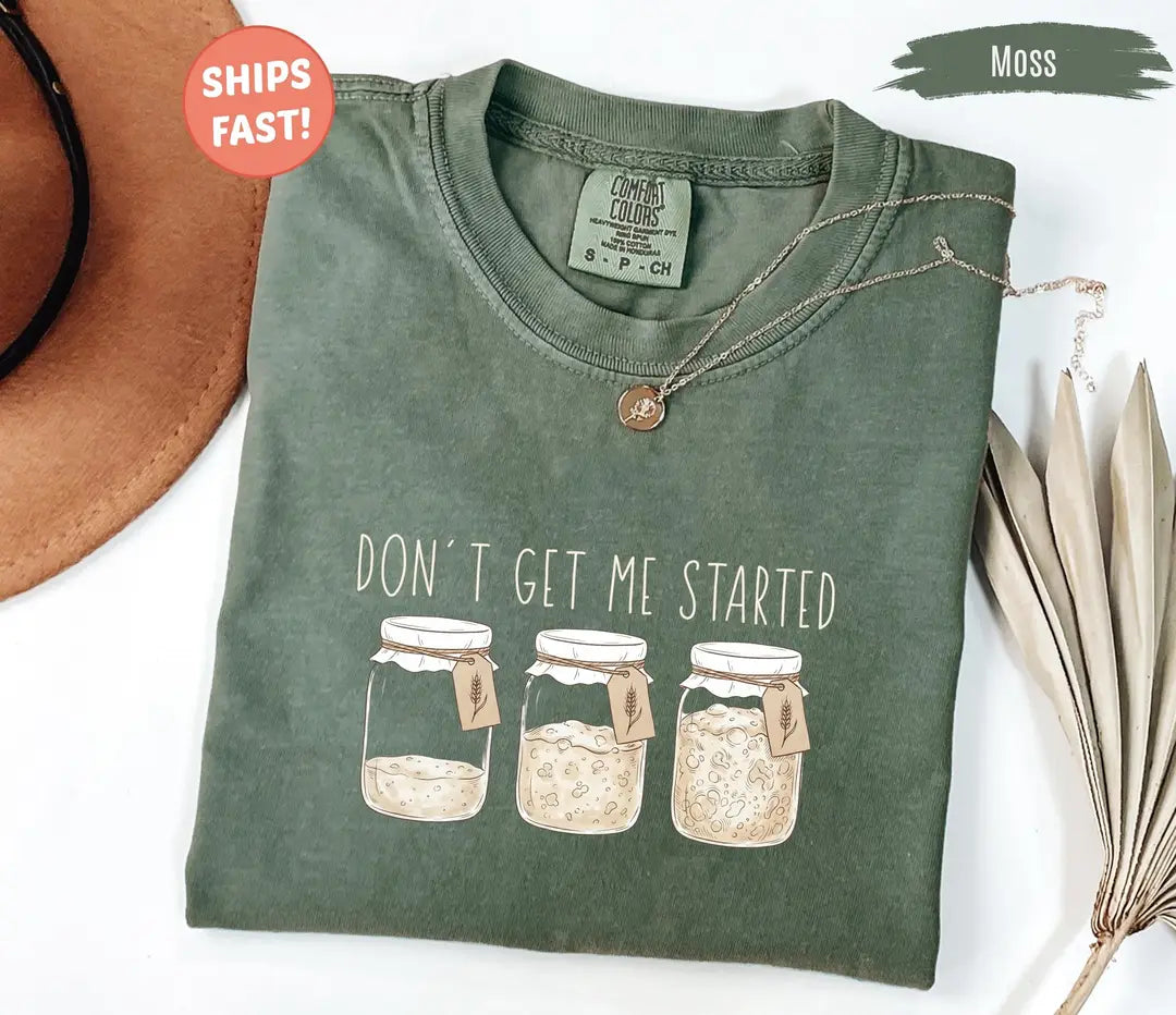 Sourdough Starter graphic Comfort Colors T-shirt in Moss, additional product photograph.