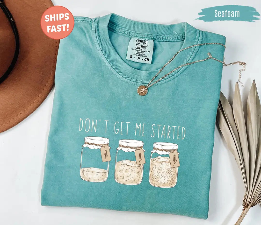 Sourdough Starter graphic Comfort Colors T-shirt in Seafoam, additional product photograph.