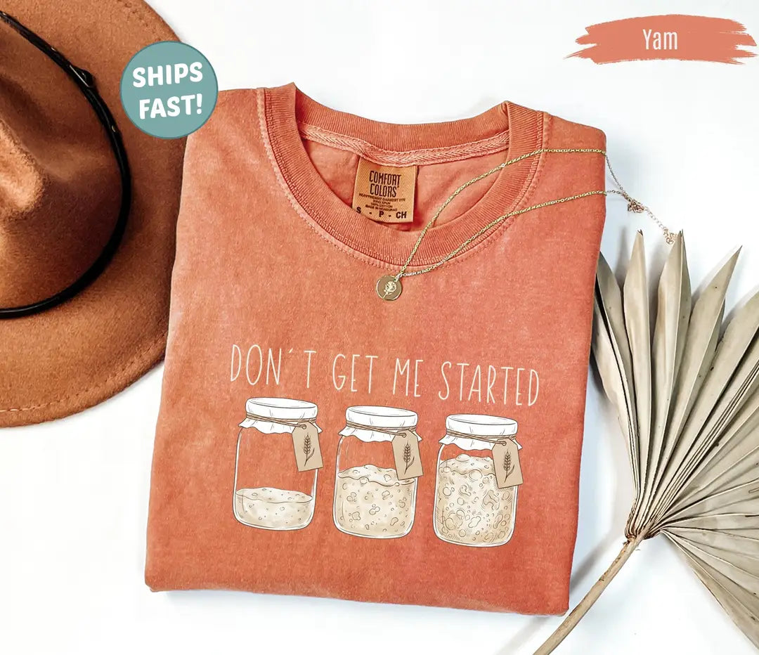 Sourdough Starter graphic Comfort Colors T-shirt in Yam, main product photograph.