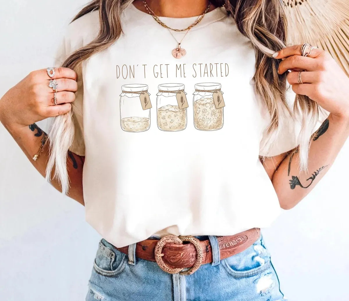 Comfort Colors T-shirt with Sourdough Starter baking-themed design; model photo.