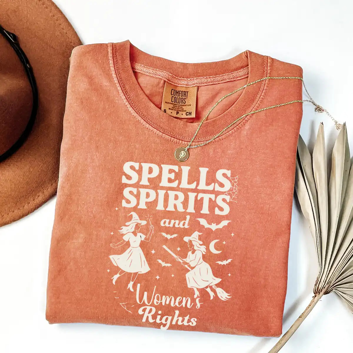 Comfort Colors T-shirt in Crunchberry color featuring Spells Spirits and Womens Rights graphic