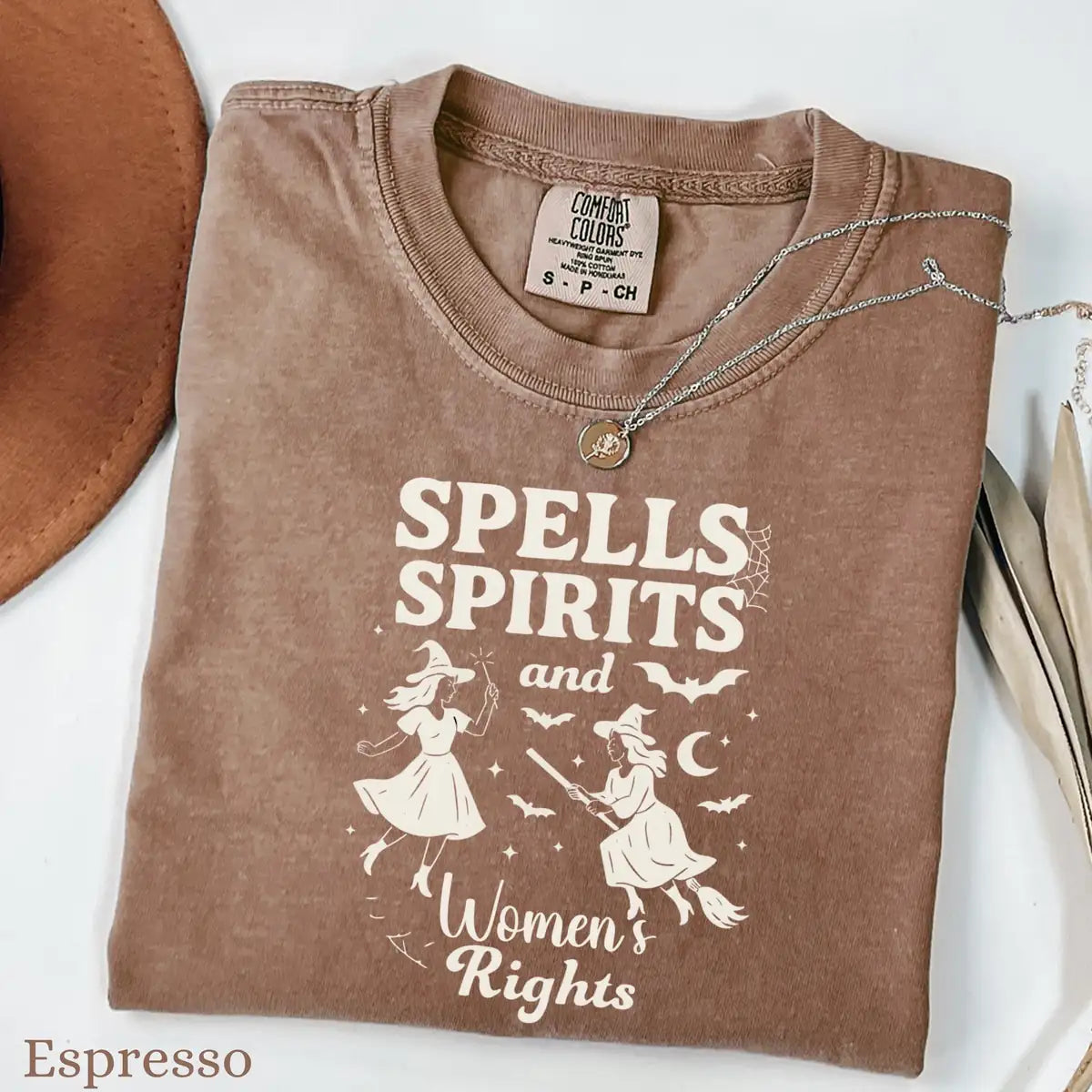 Comfort Colors T-shirt in Pepper color featuring Spells Spirits and Womens Rights graphic