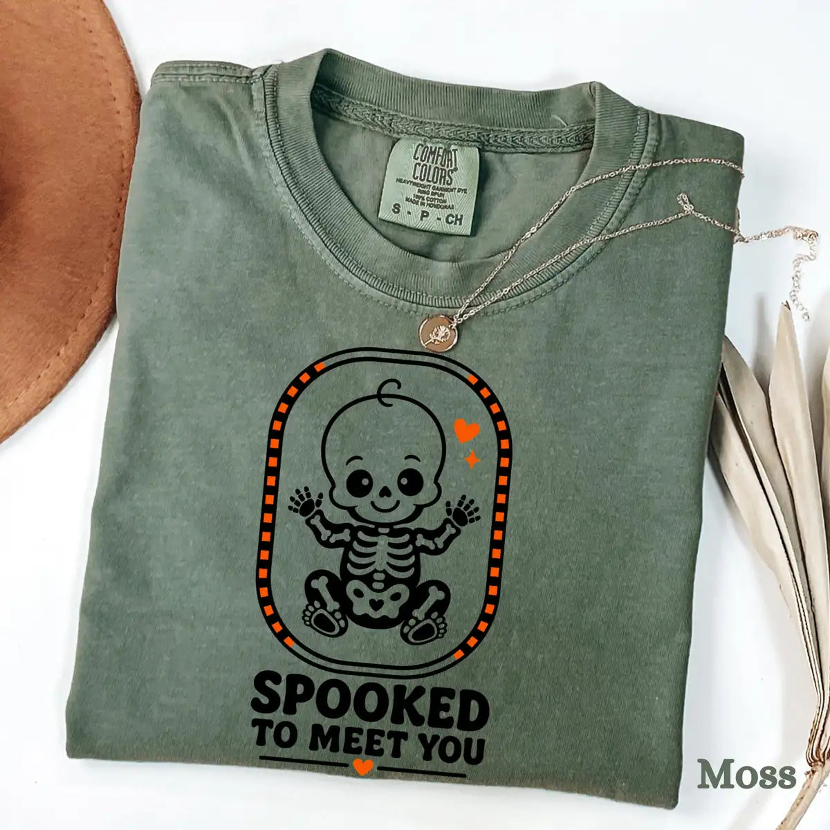 Moss Comfort Colors T-shirt with Spooked To Meet You Skeleton Baby - Pregnancy Halloween Comfort Colors T-Shirt Halloween artwork