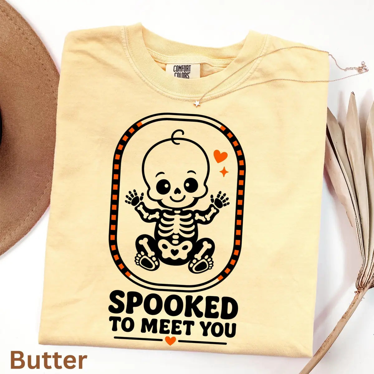 Blue Jean Comfort Colors T-shirt with Spooked To Meet You Skeleton Baby - Pregnancy Halloween Comfort Colors T-Shirt Halloween artwork