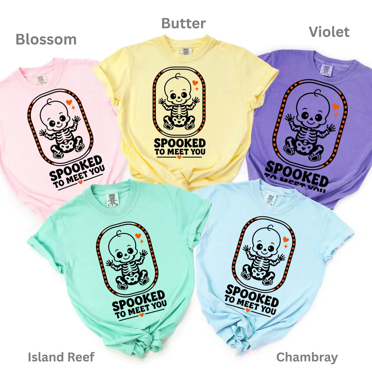Crunchberry Comfort Colors T-shirt with Spooked To Meet You Skeleton Baby - Pregnancy Halloween Comfort Colors T-Shirt Halloween artwork