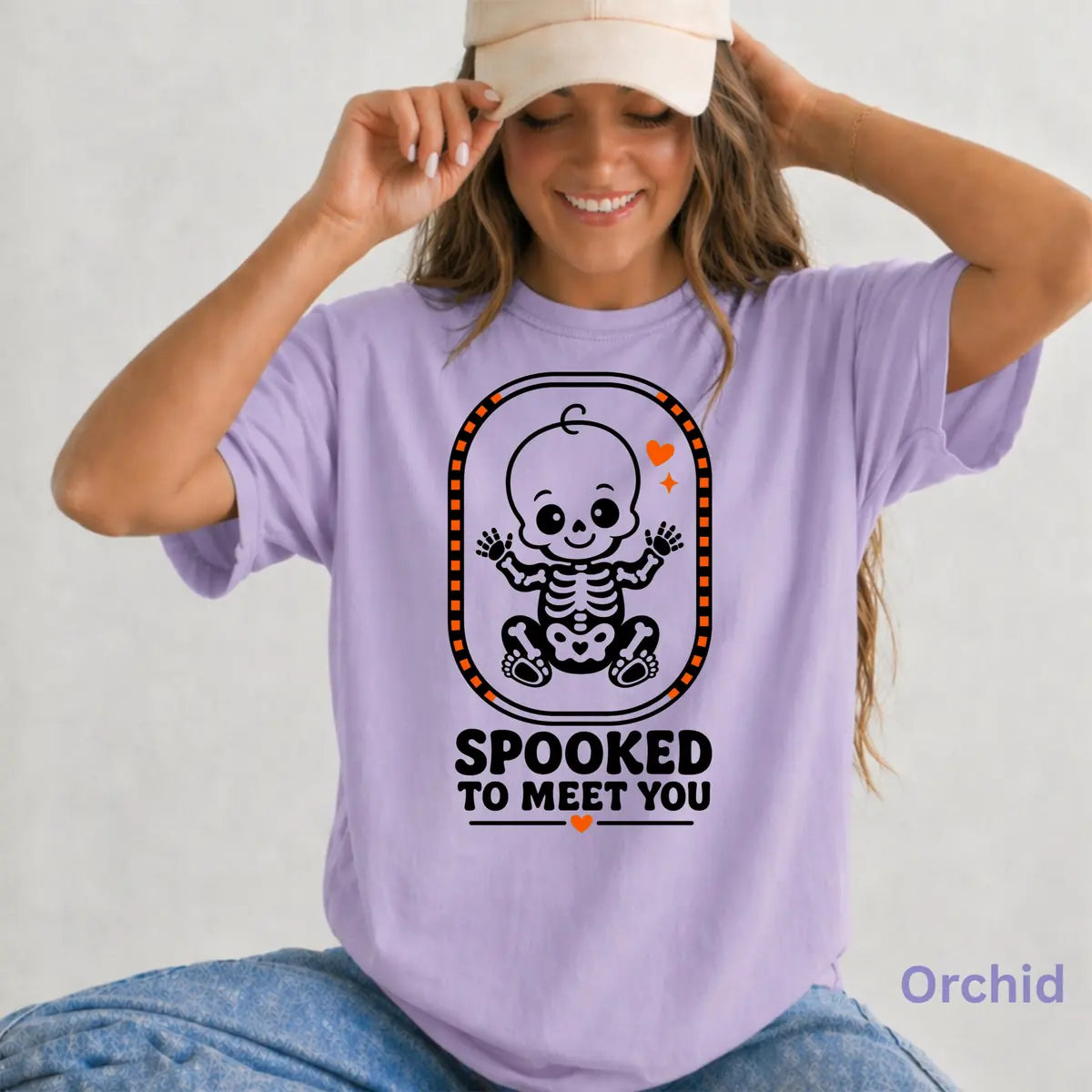 White,front-Blossom,front-Chambray Comfort Colors T-shirt with Spooked To Meet You Skeleton Baby - Pregnancy Halloween Comfort Colors T-Shirt Halloween artwork