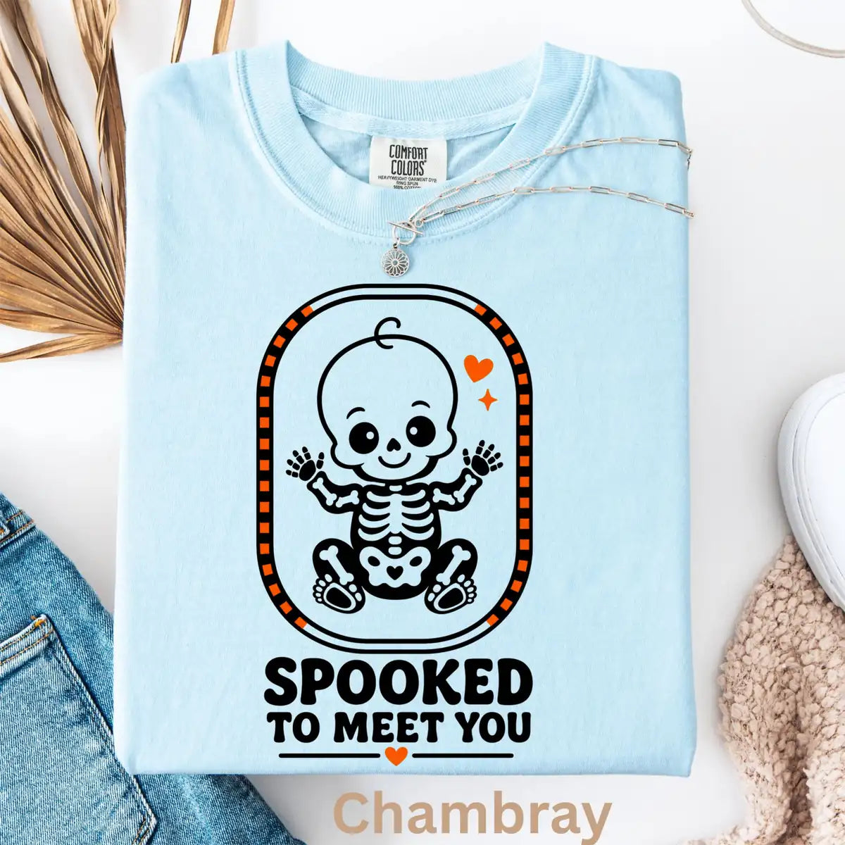 Orchid Comfort Colors T-shirt with Spooked To Meet You Skeleton Baby - Pregnancy Halloween Comfort Colors T-Shirt Halloween artwork