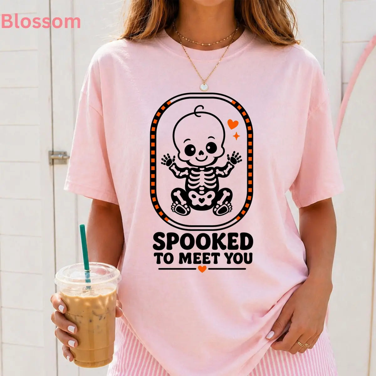 Chambray Comfort Colors T-shirt with Spooked To Meet You Skeleton Baby - Pregnancy Halloween Comfort Colors T-Shirt Halloween artwork