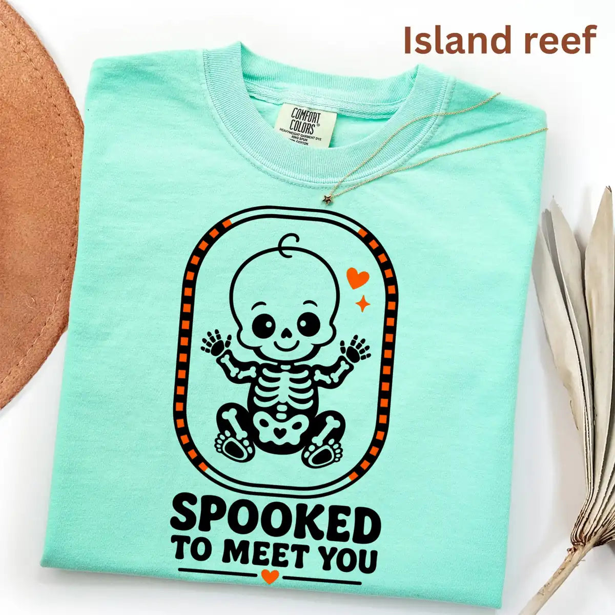 Seafoam Comfort Colors T-shirt with Spooked To Meet You Skeleton Baby - Pregnancy Halloween Comfort Colors T-Shirt Halloween artwork