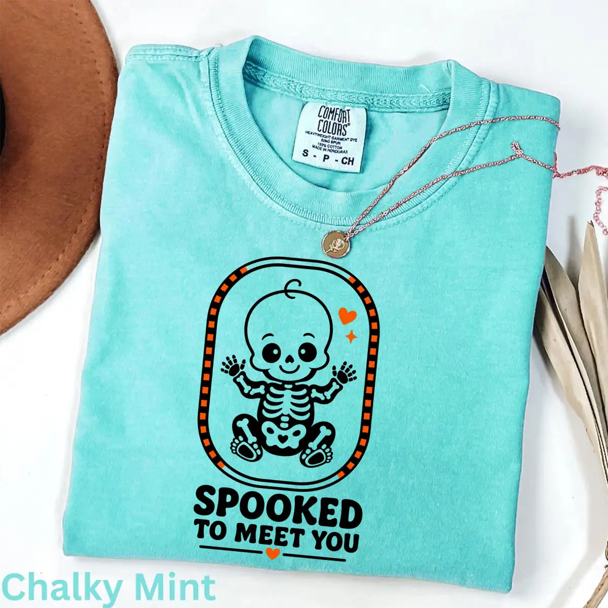 Ivory Comfort Colors T-shirt with Spooked To Meet You Skeleton Baby - Pregnancy Halloween Comfort Colors T-Shirt Halloween artwork