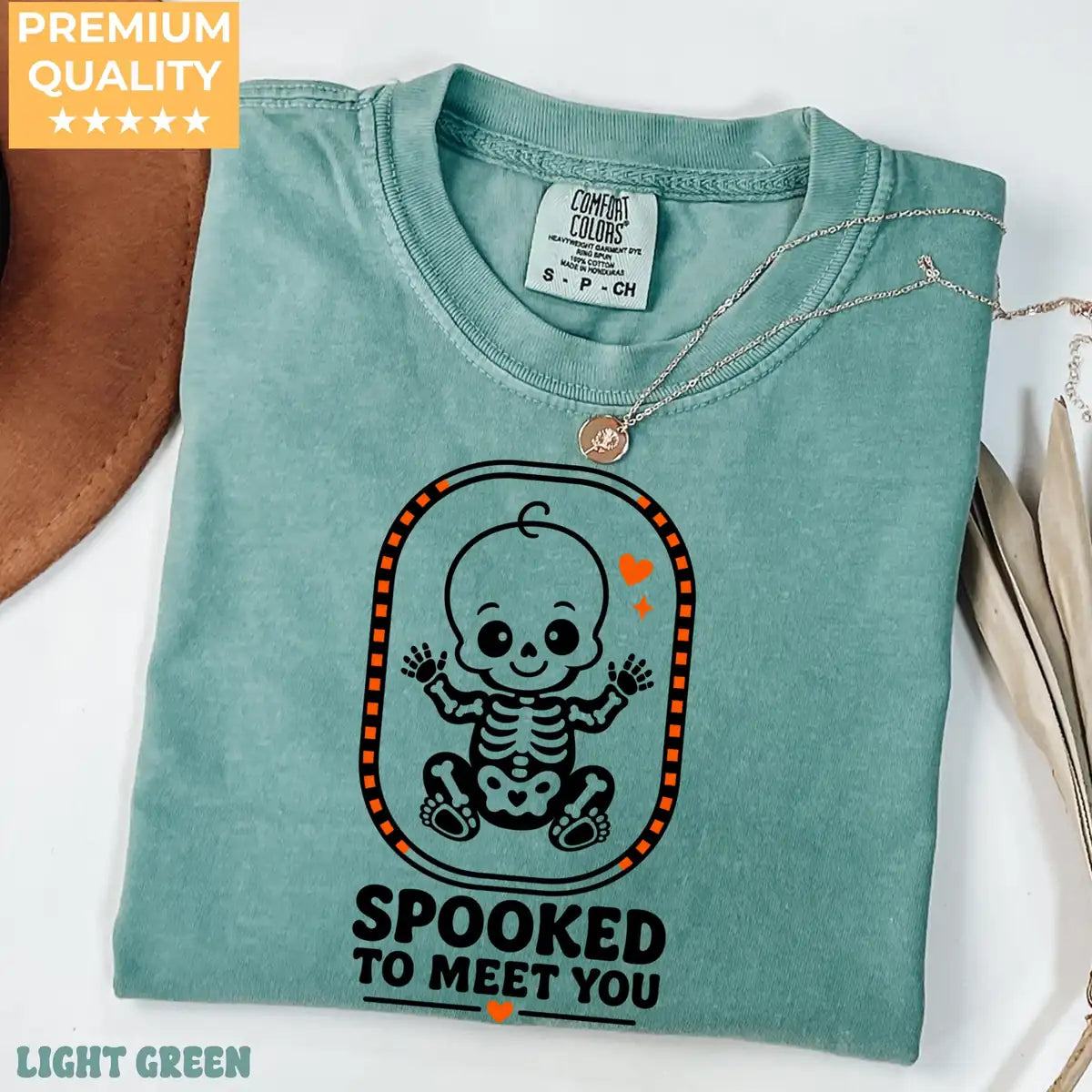 Chalky Mint Comfort Colors T-shirt with Spooked To Meet You Skeleton Baby - Pregnancy Halloween Comfort Colors T-Shirt Halloween artwork
