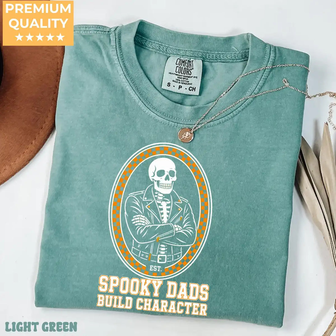 Comfort Colors T-shirt in Violet featuring skeleton dad in leather jacket graphic