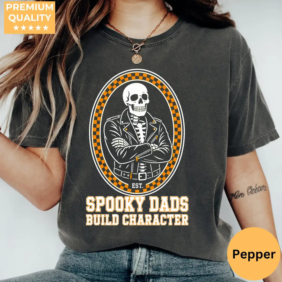 Comfort Colors T-shirt in Violet featuring skeleton dad in leather jacket graphic