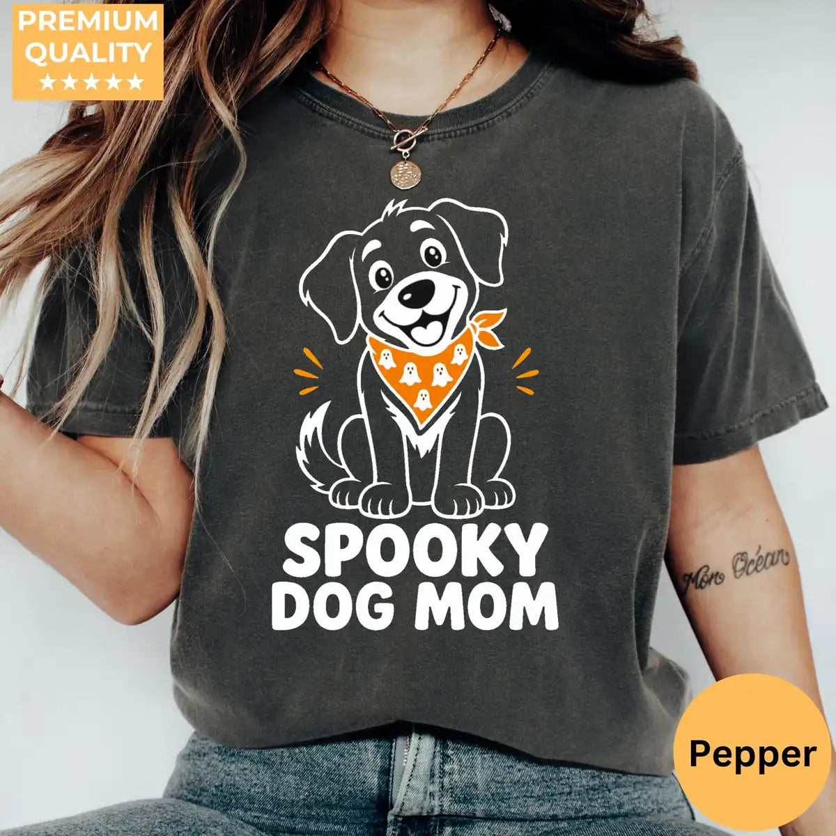 Comfort Colors T-shirt in Terracotta featuring puppy with ghost bandana graphic
