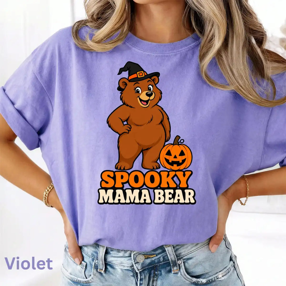 Comfort Colors T-shirt in Blue Jean featuring mama bear witch graphic