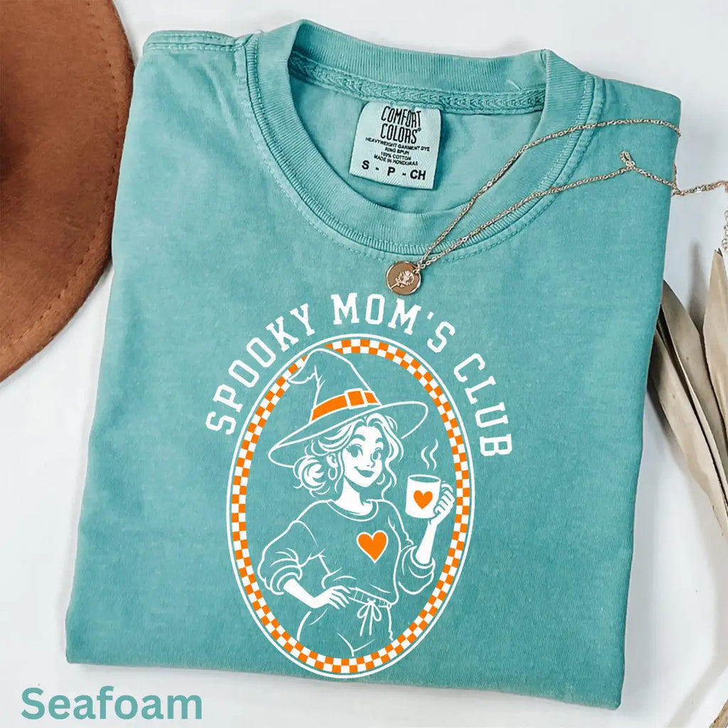 Comfort Colors T-shirt in Moss featuring coffee witch graphic