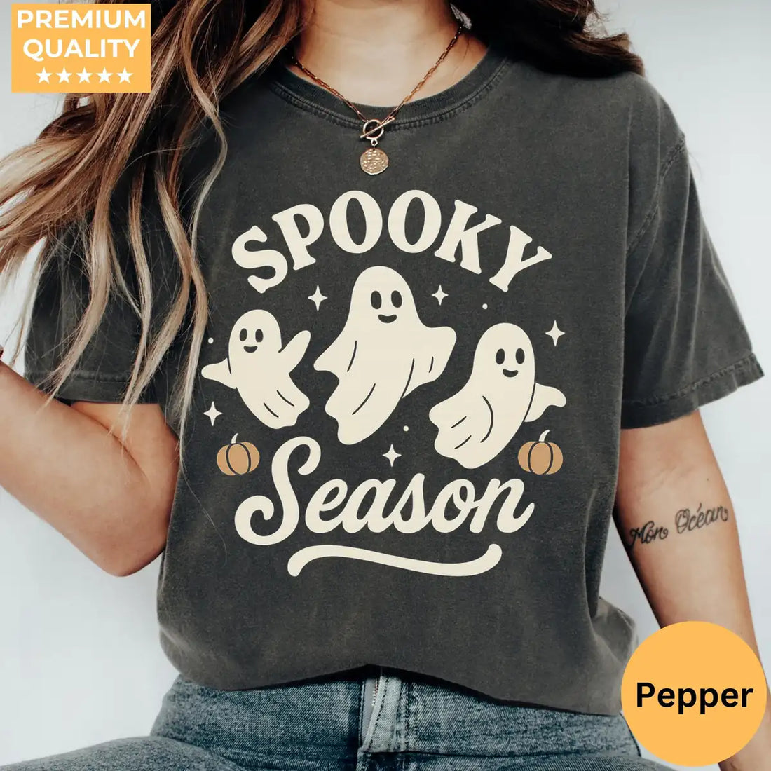 Comfort Colors T-shirt in Light Green color featuring Spooky Season trio ghosts graphic
