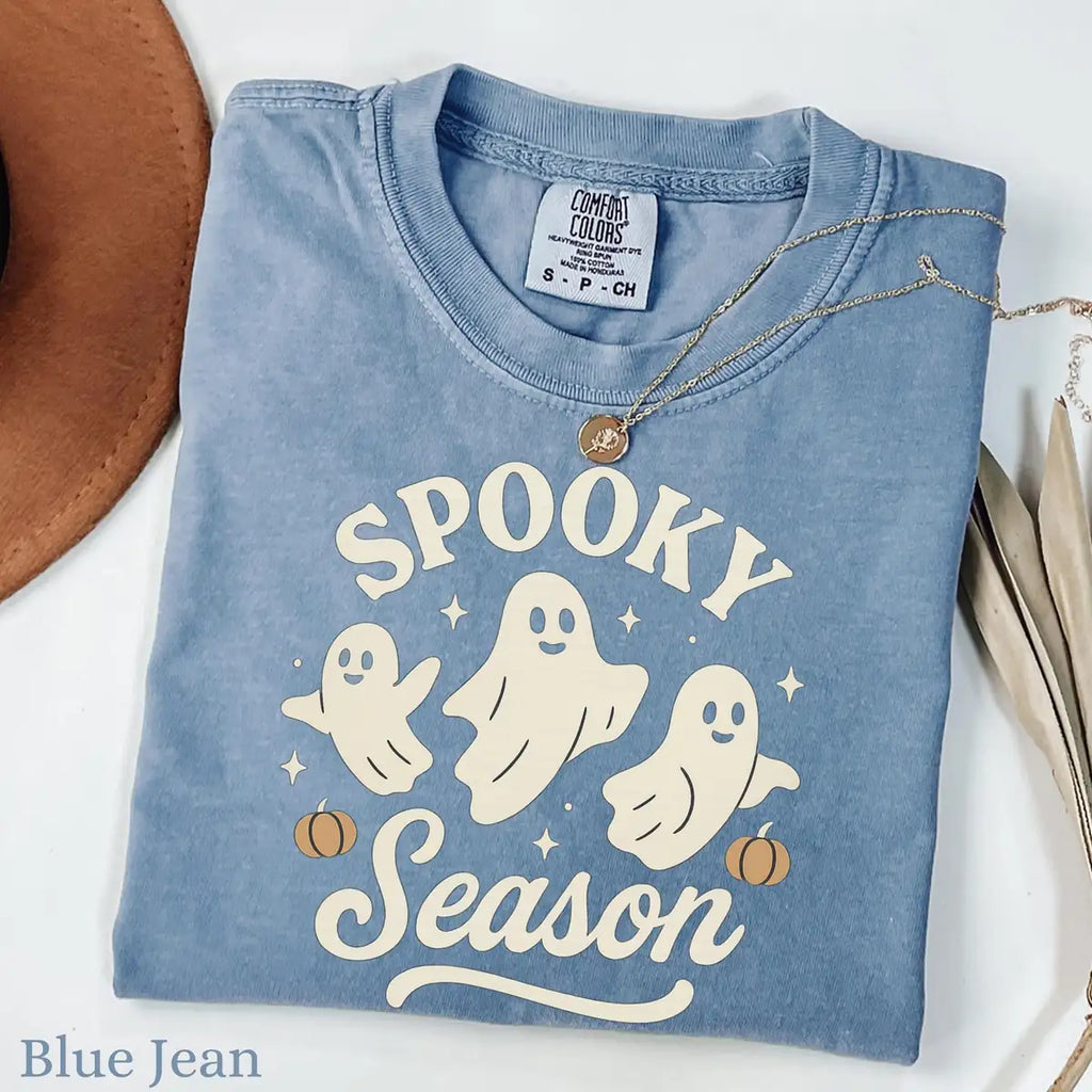 Comfort Colors T-shirt in Pepper color featuring Spooky Season ghosts graphic
