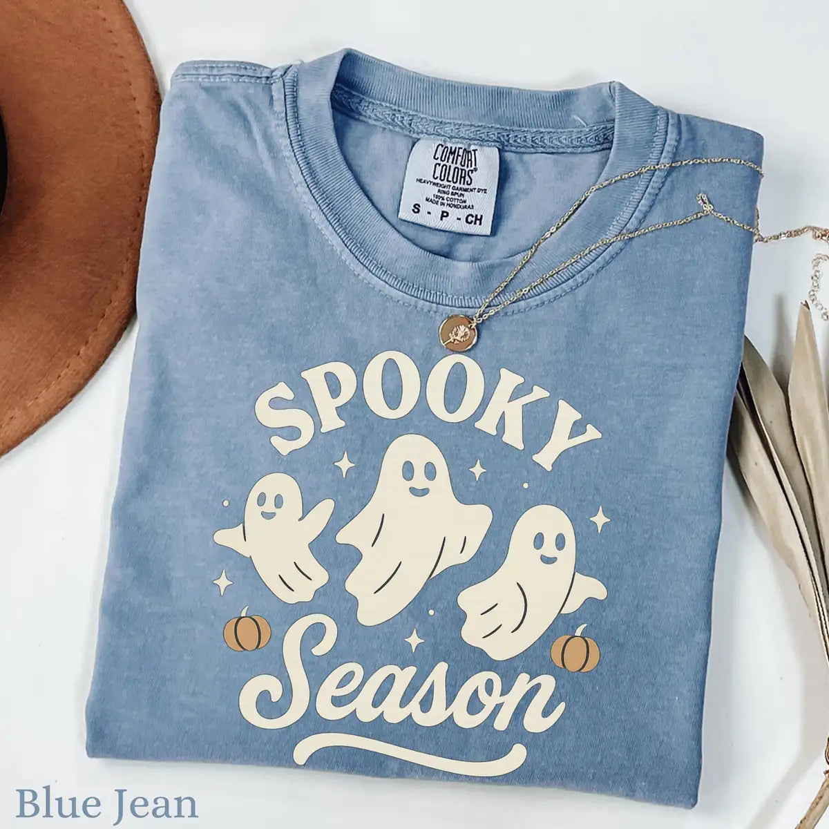 Comfort Colors T-shirt in Pepper color featuring Spooky Season ghosts graphic