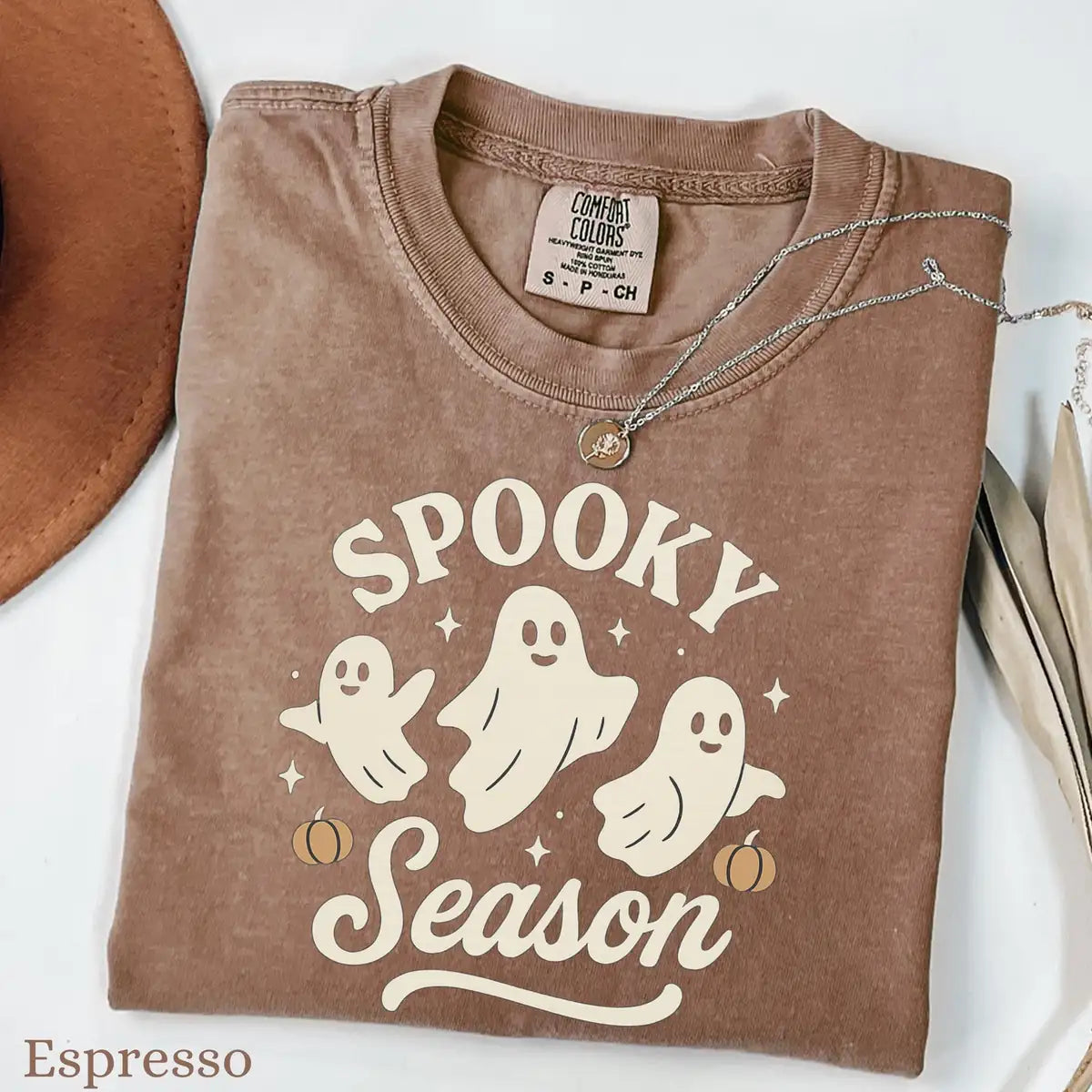Comfort Colors T-shirt in Chambray color featuring Spooky Season ghosts graphic