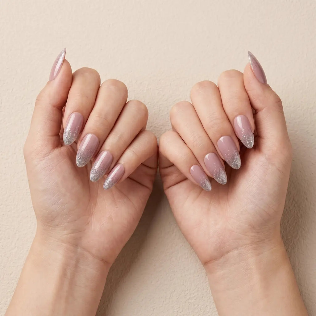 stardust silver 3d glitter almond long press on nails flat lay 01
