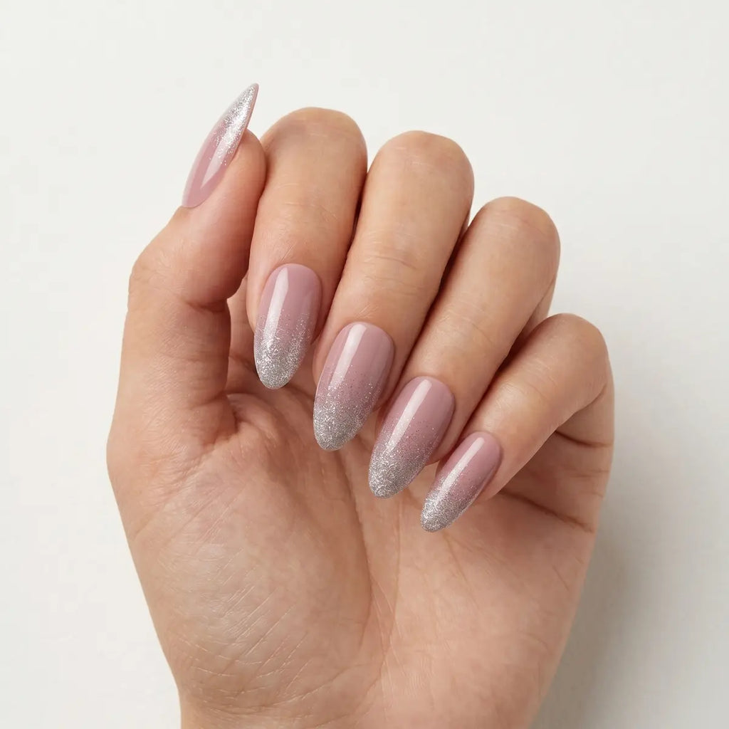 stardust silver 3d glitter almond long press on nails lifestyle 02