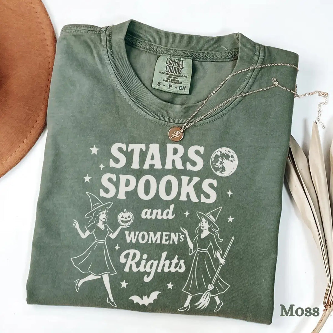 Comfort Colors T-shirt in Moss color featuring Stars Spooks and Womens Rights graphic