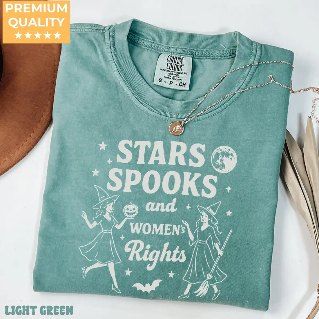 Comfort Colors T-shirt in Moss color featuring Stars Spooks and Womens Rights graphic