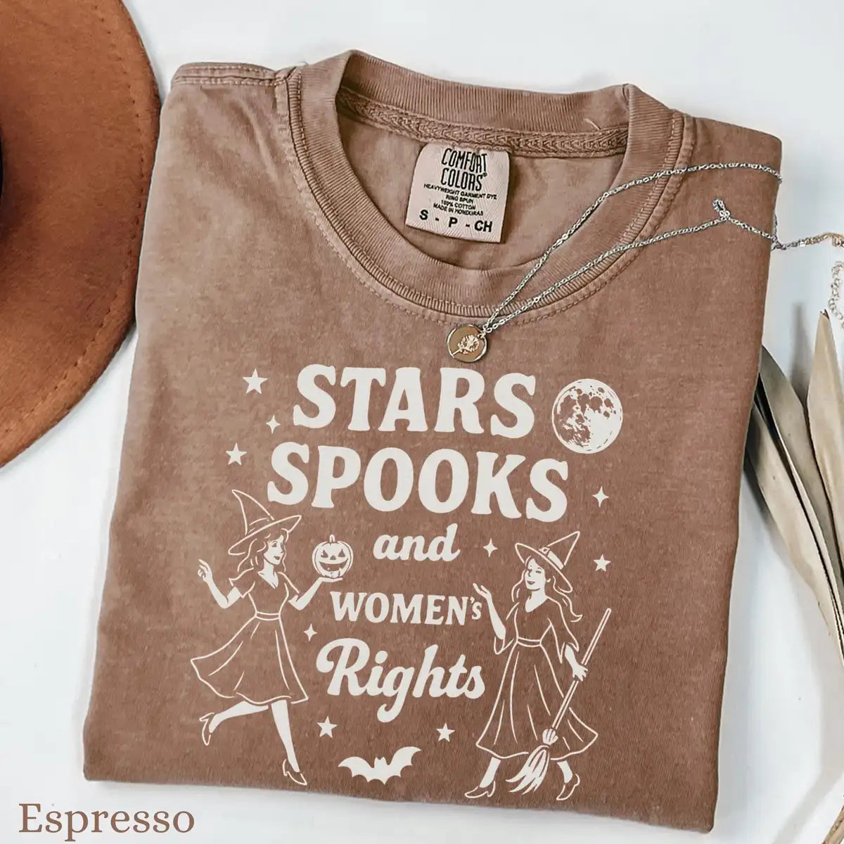 Comfort Colors T-shirt in Pepper color featuring Stars Spooks and Womens Rights graphic