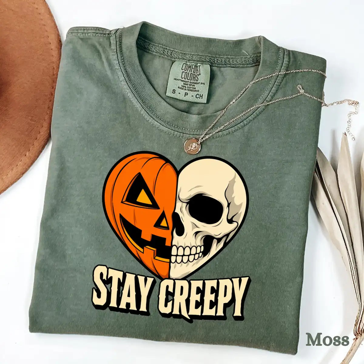 Moss Comfort Colors T-shirt with Stay Creepy Pumpkin Skeleton Heart Halloween artwork