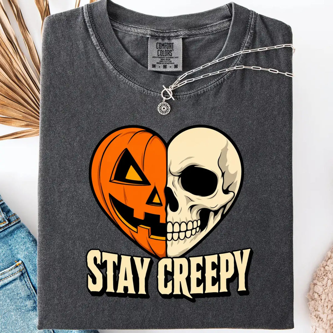 Pepper Comfort Colors T-shirt with Stay Creepy Pumpkin Skeleton Heart Halloween artwork