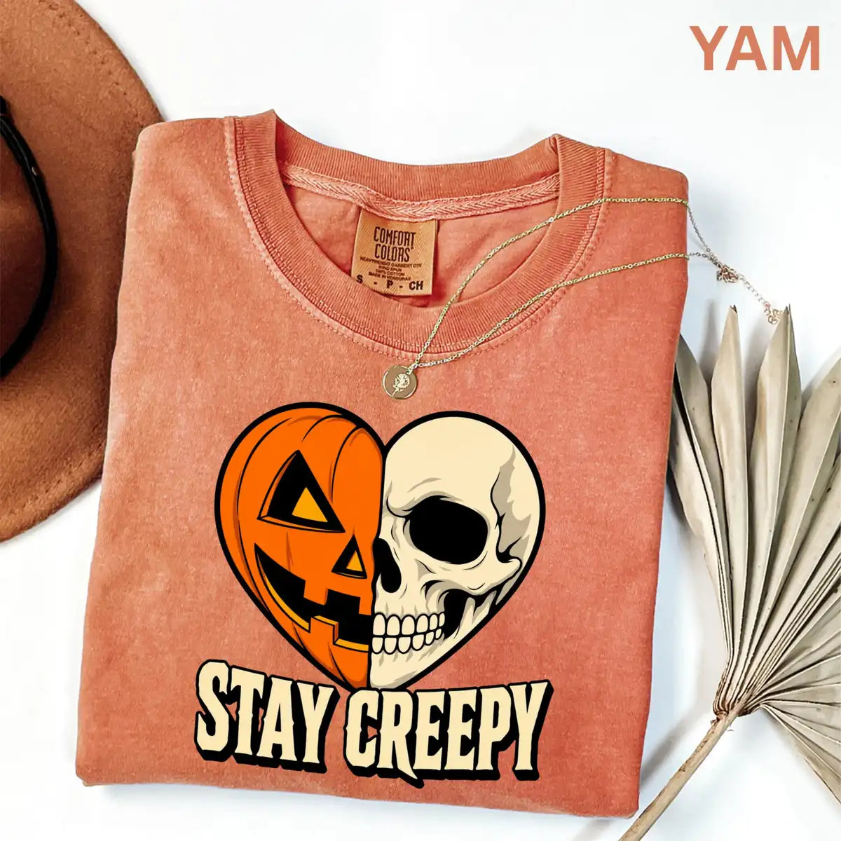 Pepper Comfort Colors T-shirt with Stay Creepy Pumpkin Skeleton Heart Halloween artwork