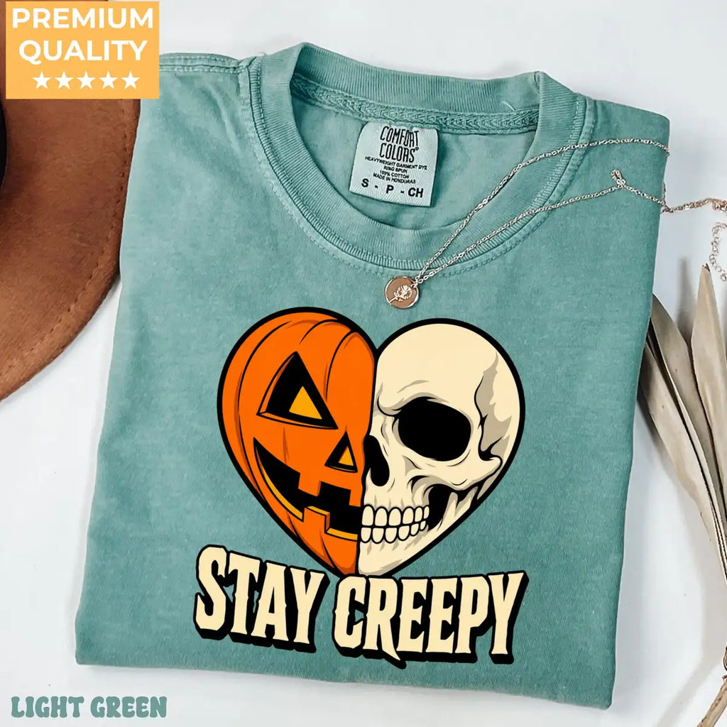 Yam Comfort Colors T-shirt with Stay Creepy Pumpkin Skeleton Heart Halloween artwork