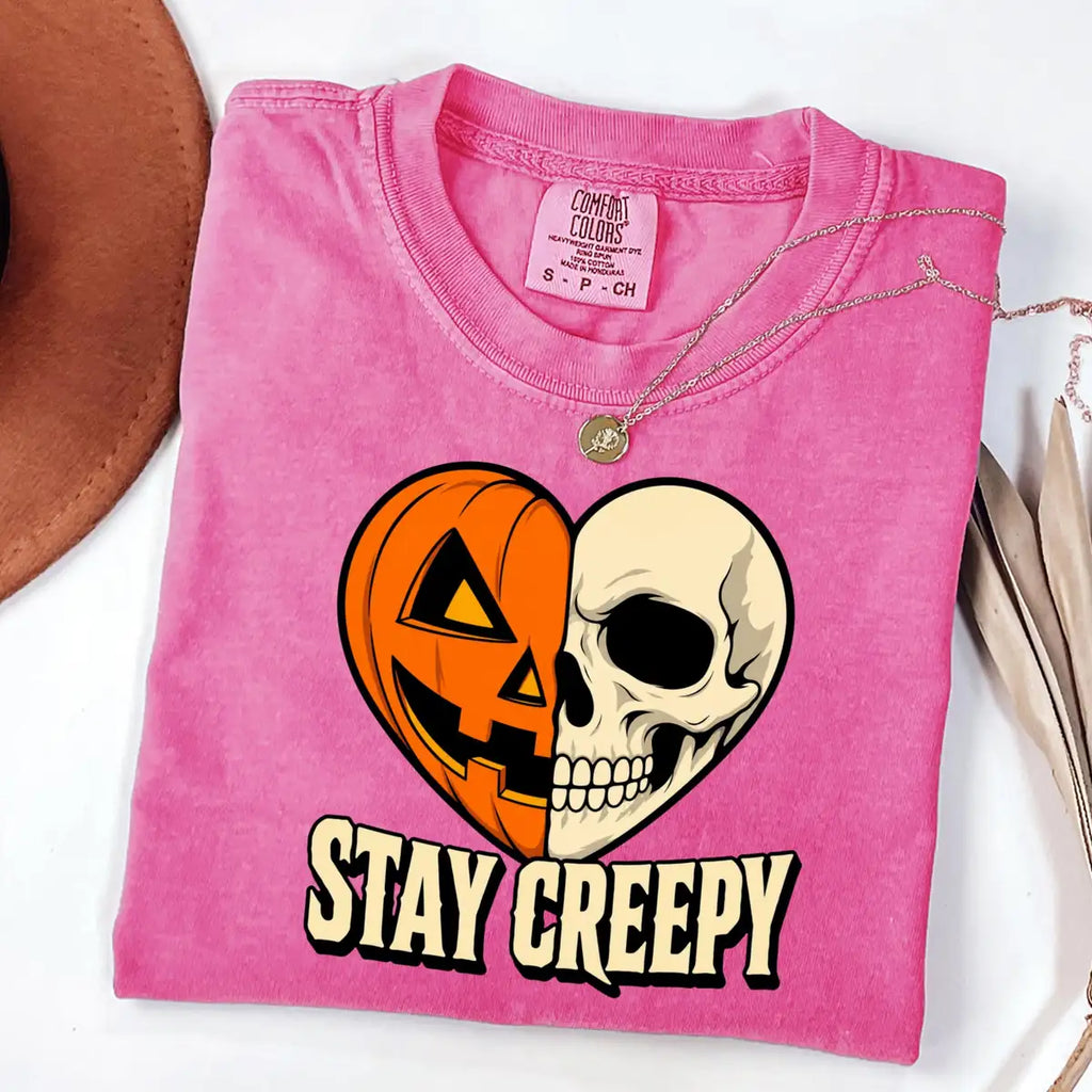Light Green Comfort Colors T-shirt with Stay Creepy Pumpkin Skeleton Heart Halloween artwork