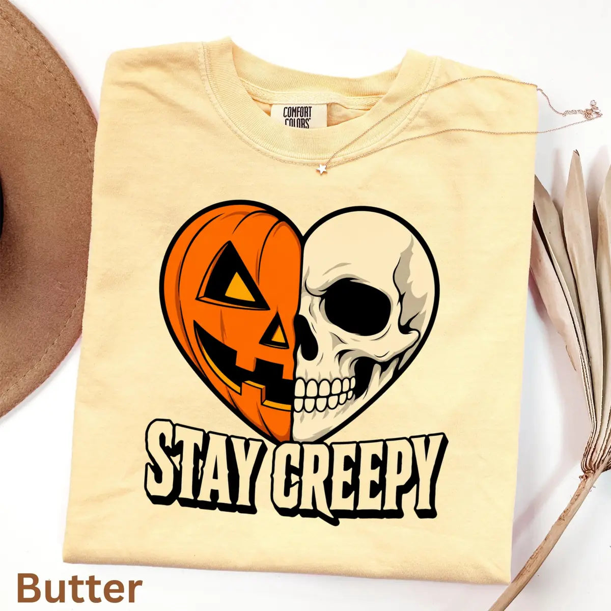 Crunchberry Comfort Colors T-shirt with Stay Creepy Pumpkin Skeleton Heart Halloween artwork