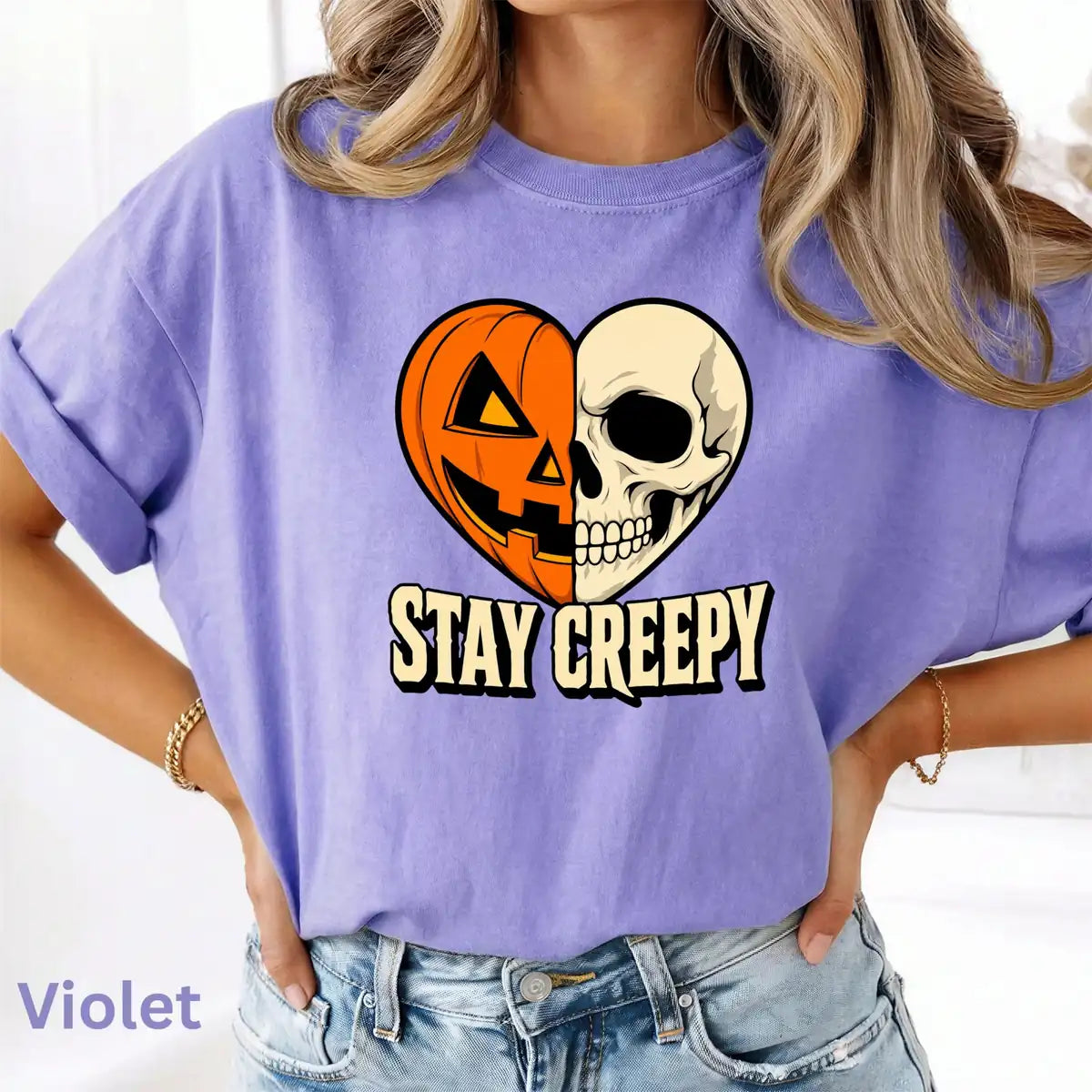 Butter Comfort Colors T-shirt with Stay Creepy Pumpkin Skeleton Heart Halloween artwork