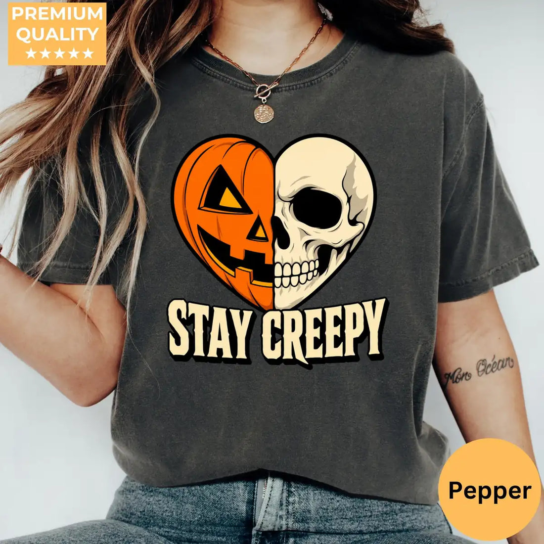Pepper Comfort Colors T-shirt with Stay Creepy Pumpkin Skeleton Heart Halloween artwork