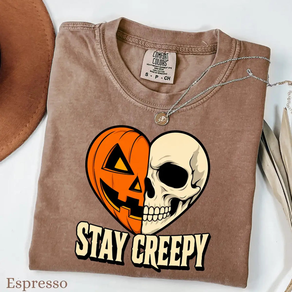 Pepper Comfort Colors T-shirt with Stay Creepy Pumpkin Skeleton Heart Halloween artwork