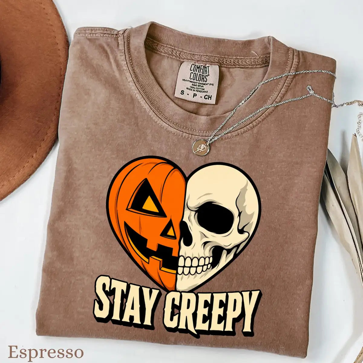 Pepper Comfort Colors T-shirt with Stay Creepy Pumpkin Skeleton Heart Halloween artwork