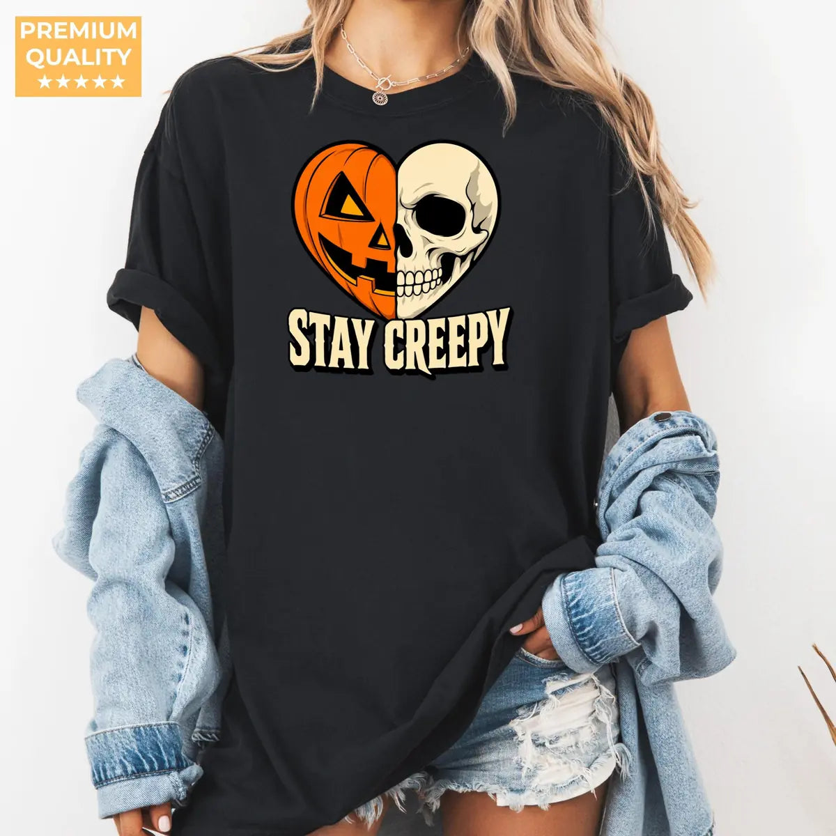 Espresso Comfort Colors T-shirt with Stay Creepy Pumpkin Skeleton Heart Halloween artwork