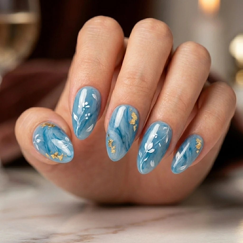 steel blue white hand painted marble almond press on nails vine leaf gold foil detail 05