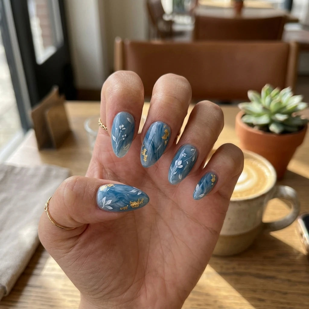 steel blue white hand painted marble almond press on nails vine leaf gold foil detail 06