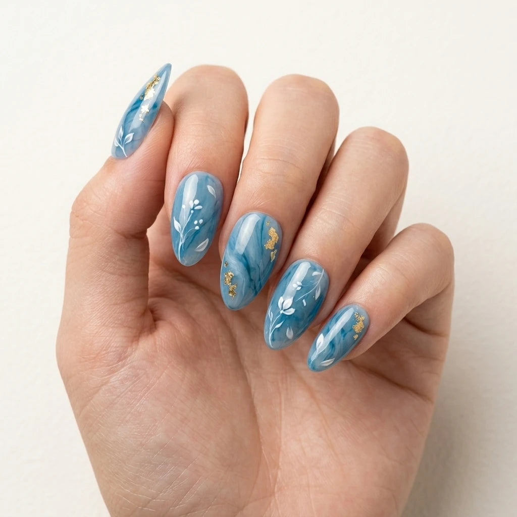 steel blue white hand painted marble almond press on nails vine leaf gold foil lifestyle 04