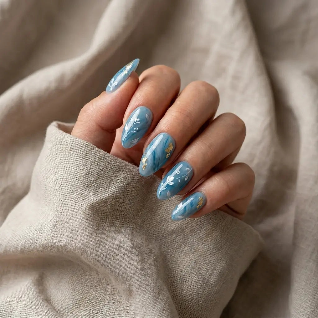 steel blue white hand painted marble almond press on nails vine leaf gold foil mockup 01