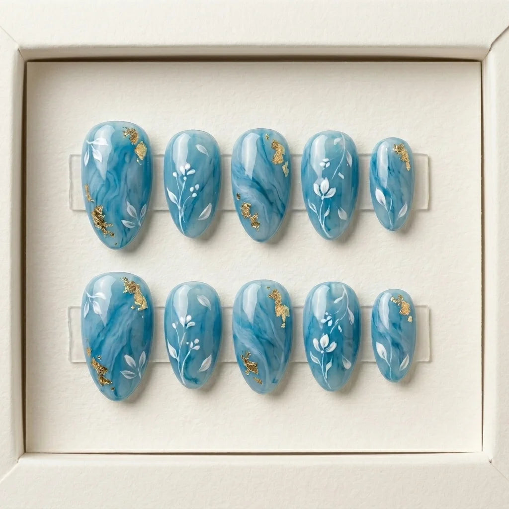 steel blue white hand painted marble almond press on nails vine leaf gold foil mockup 02