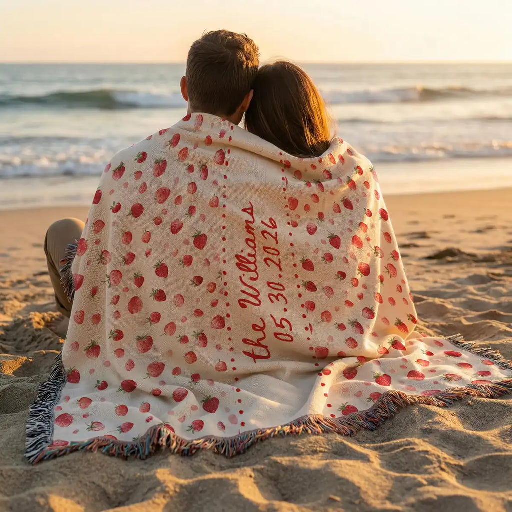 Personalized strawberry woven blanket with fringe trim