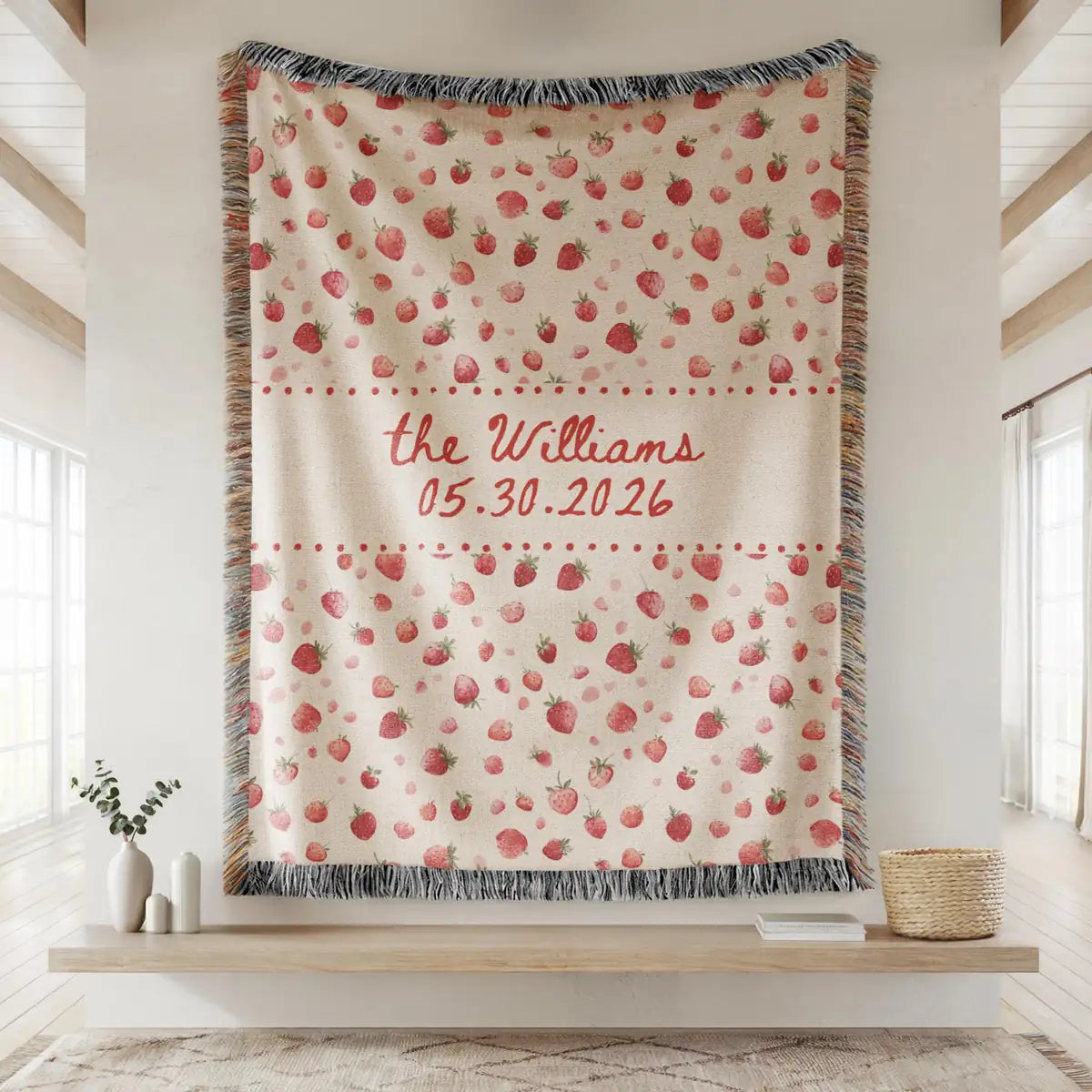 Product information card for the strawberry woven blanket