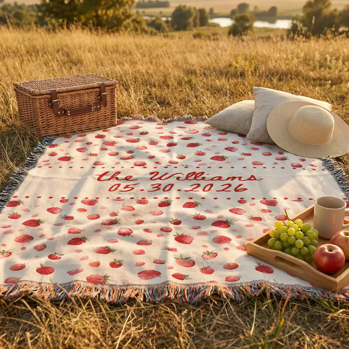 Personalized strawberry woven blanket shown in a styled room setting