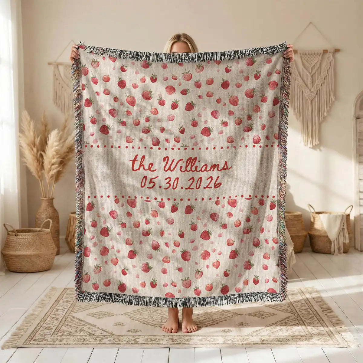 Size chart and care instructions for the woven blanket